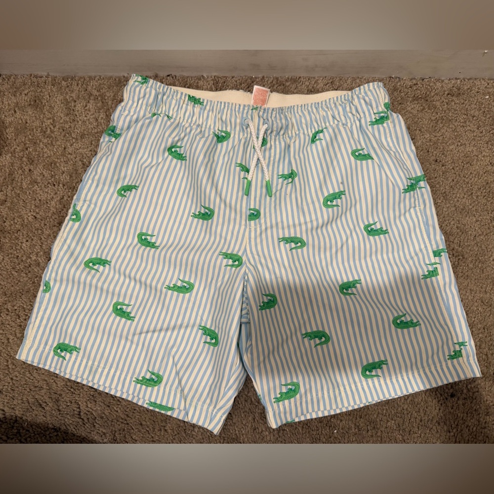“New” Light Blue Striped Swim Shorts with Green Alligator Print